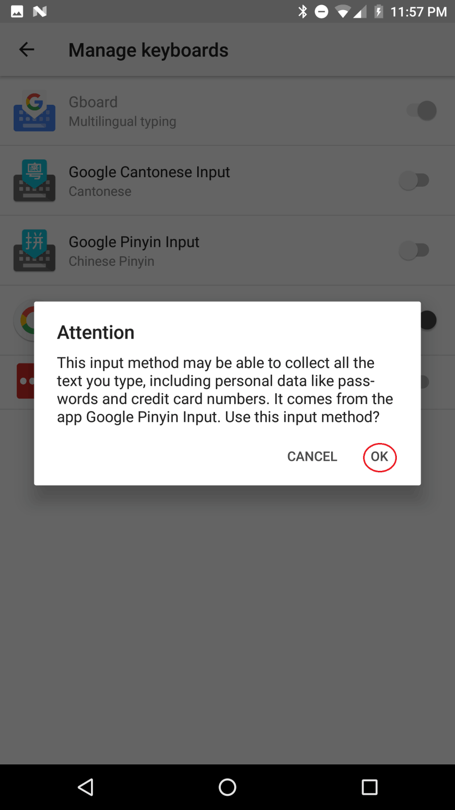 Screenshot of the permissions pop-up window of the Razer Phone