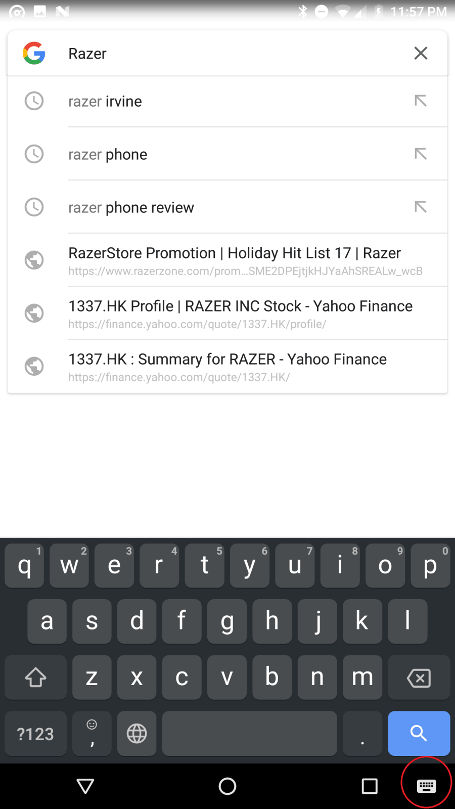 Screenshot showing the keyboard icon at the bottom of the screen on the Razer Phone