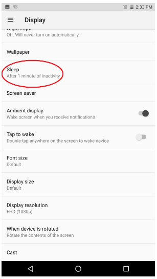 Sleep option under Display on the Razer Phone
