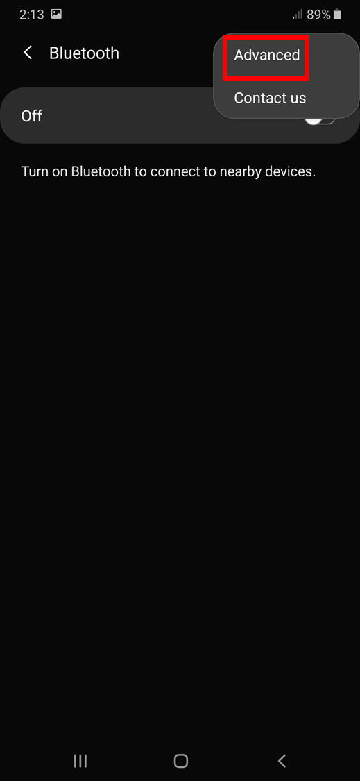 Advanced option in the Bluetooth page in a Samsung handset