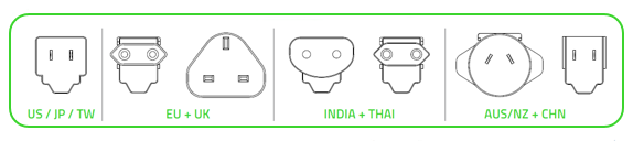 Illustration showing the front view of the different regional power adapter plugs