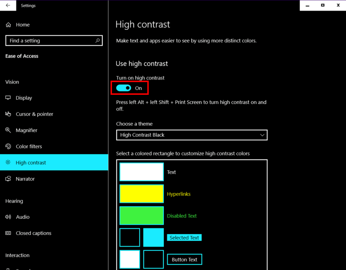 High contrast option under Settings on Windows