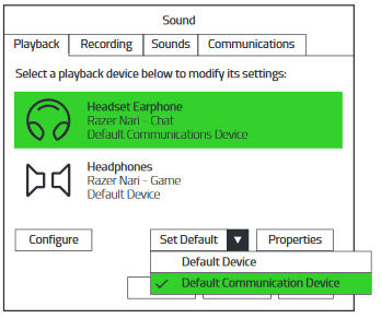 Under playback tab, select the Razer Nari - Chat as default Communication Device