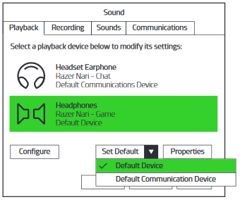 Under Playback tab, select Razer Nari - Game as Default device
