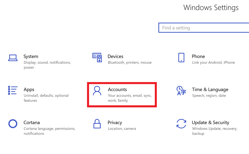 Accounts option on the Windows menu