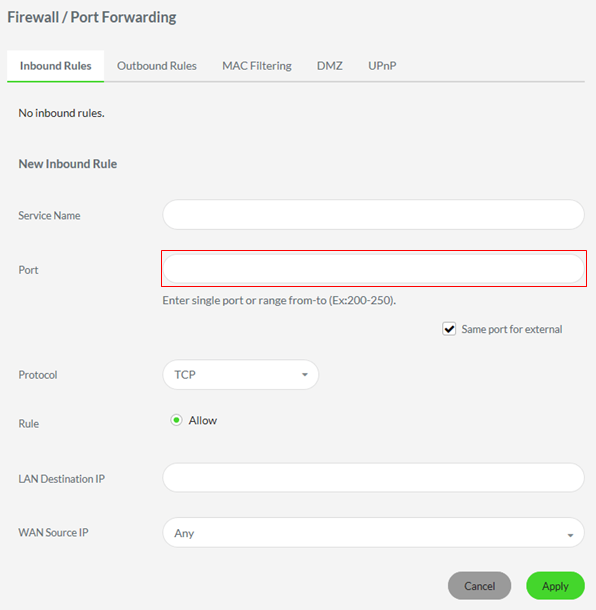 Port field in the Inbound rules tab