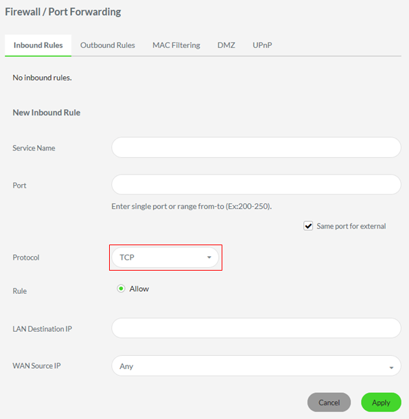 TCP option of the Protocol menu Port in the Inbound Rules tab