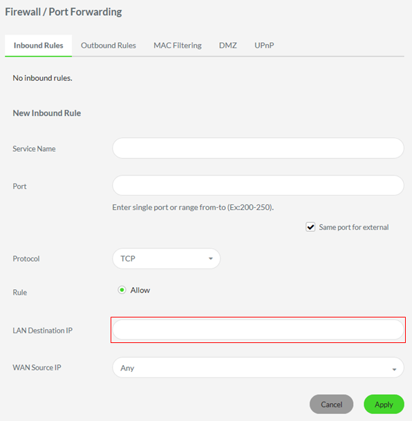 LAN destination IP in the Inbound Rules tab