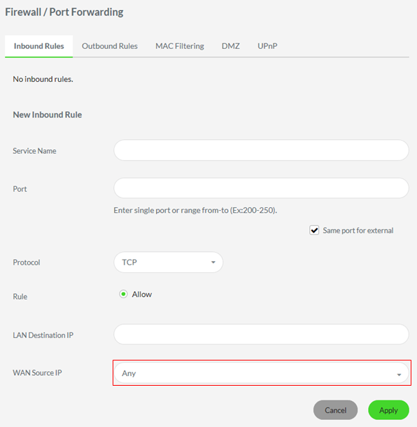 WAN Source IP field in the Inbound Rules tab