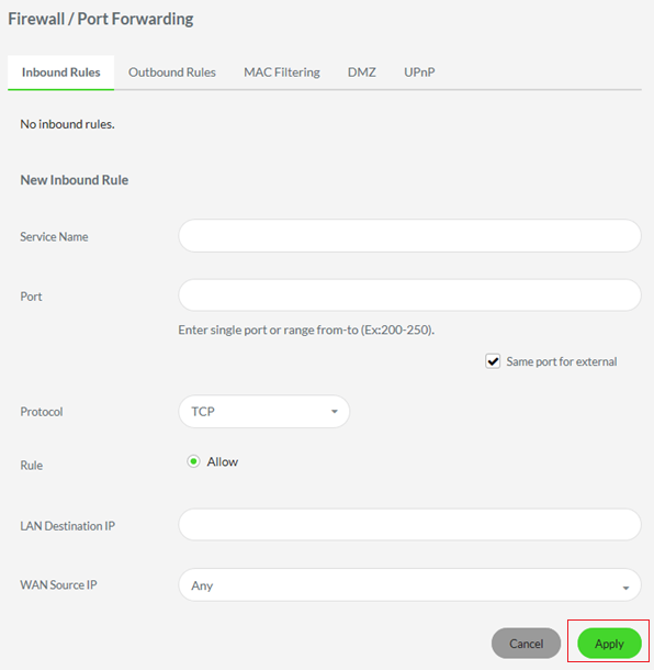 Apply button in the Inbound Rules tab