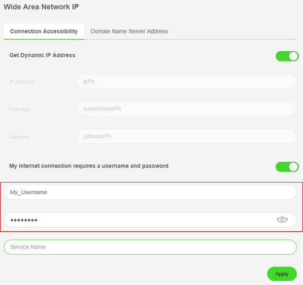 Connection Accessibility tab highlighting the username fields on the Razer Sila UI