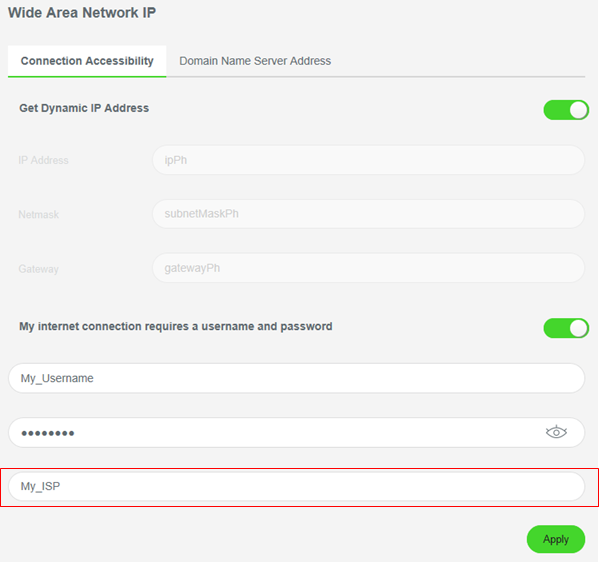 Connection Accessibility tab highlighting the ISP field on the Razer Sila UI