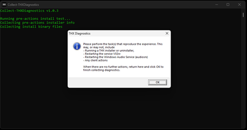 THX Diagnostics window pop-up message
