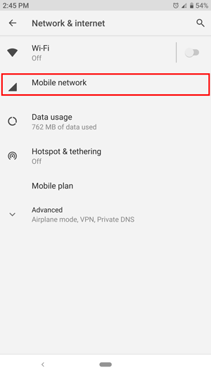 Go to Network & internet and then mobile network