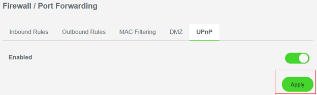 "Apply" changes button in the Firewall/Port Forwarding menu for Razer Sila Web UI
