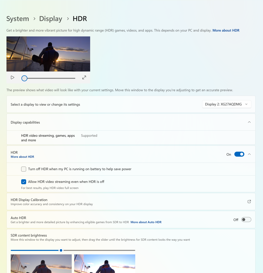 Windows display HDR menu in Windows 11.