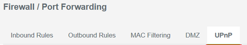 Screenshot of the UPnP tab under Firewall/ Port Forwarding on the Sila UI