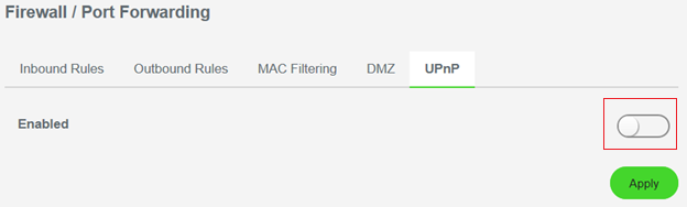 Screenshot of the UPnP switch on the Firewall/ Port Forwarding page of the Sila UI