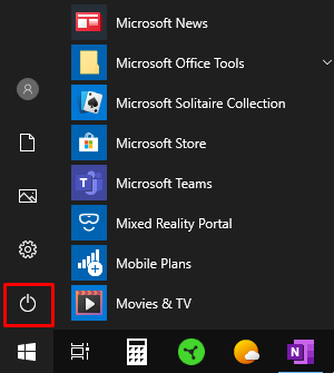 Windows start menu highlighting power button