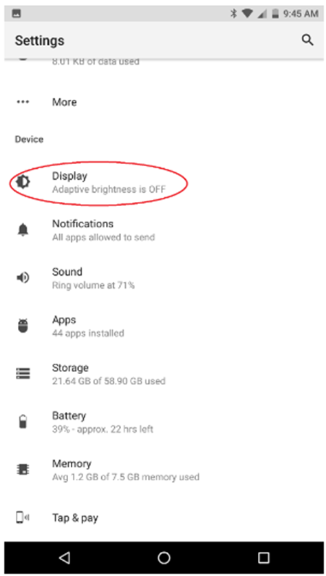 Razer Phone Display under Settings