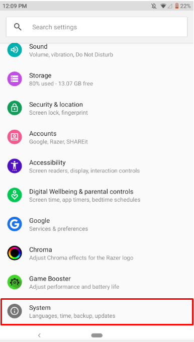 Razer Phone Settings menu