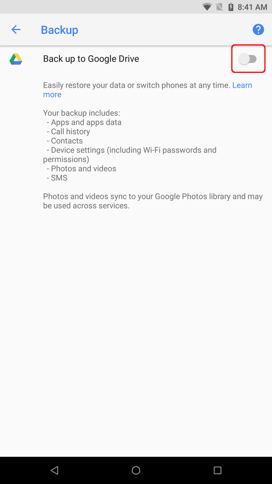 Razer Phone Backup menu options with toggle switch 