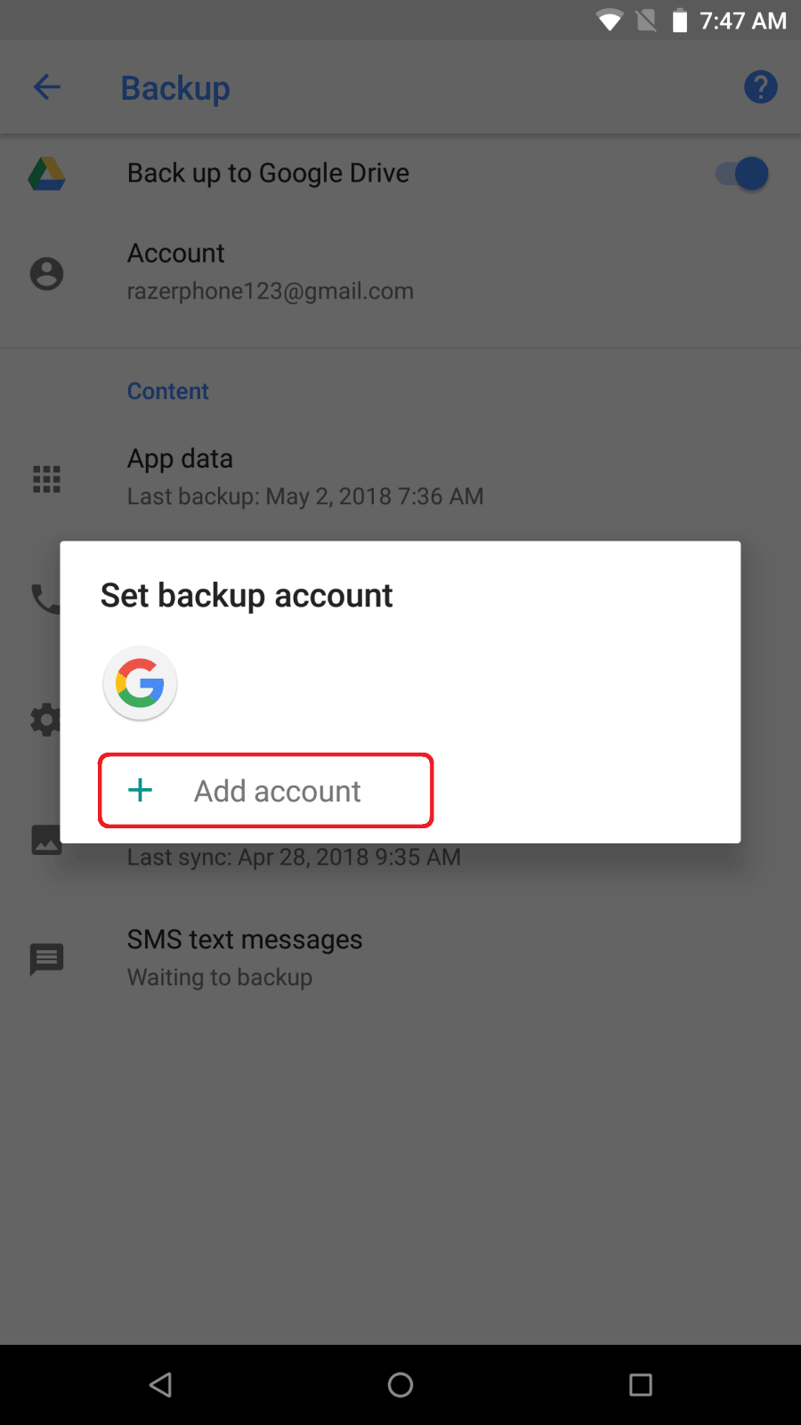 Razer Phone menu for back up account setup