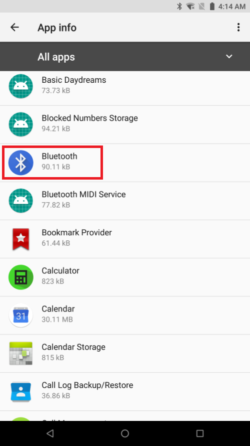 App info page highlighting the Bluetooth option on the Razer Phone