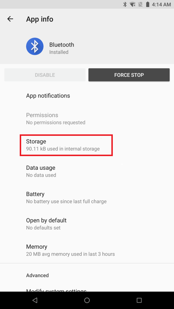 App info page highlighting the Storage option on the Razer Phone