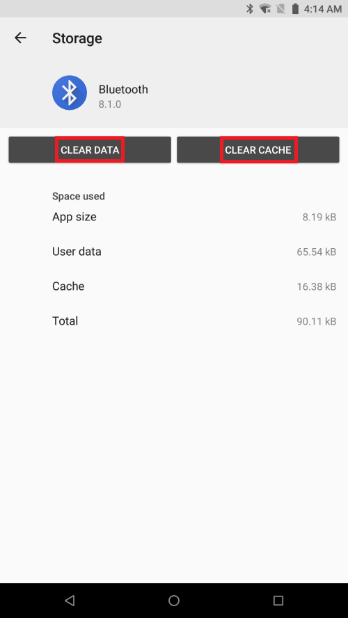 Storage page highlighting the Clear data and clear cache buttons on the Razer Phone