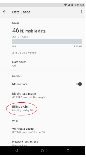 Billing cycle option under Data Usage page on the Razer Phone