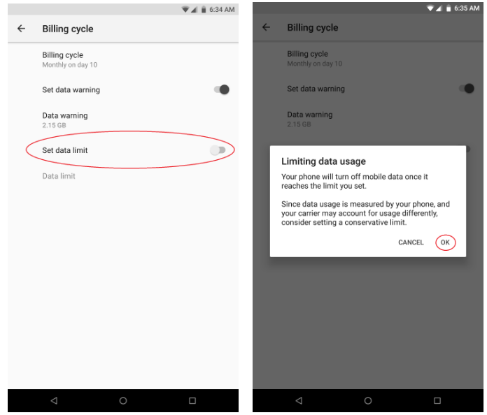 Limiting data usage pop-up window on the Razer Phone