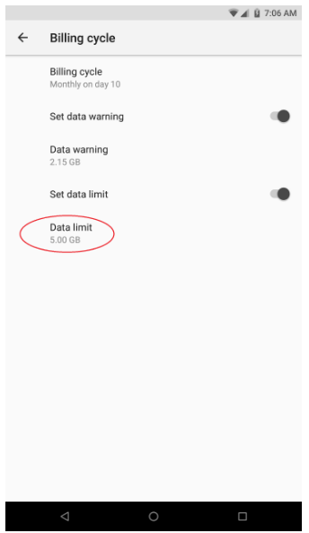 Data limit option under Billing cycle on the Razer phone