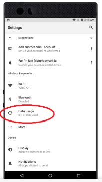 Settings page highlighting the Data Usage option on the Razer Phone