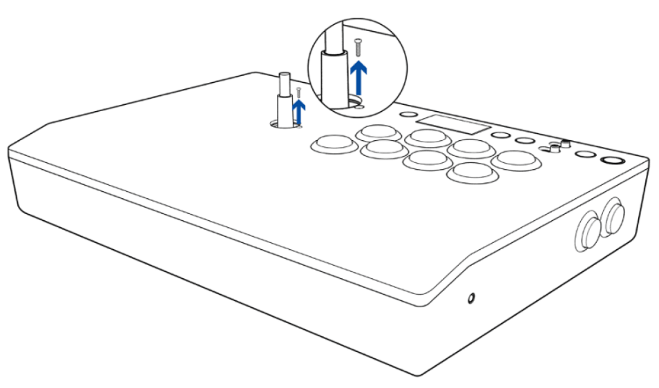  Place the arcade stick on a flat surface and then remove the plate cover’s screw