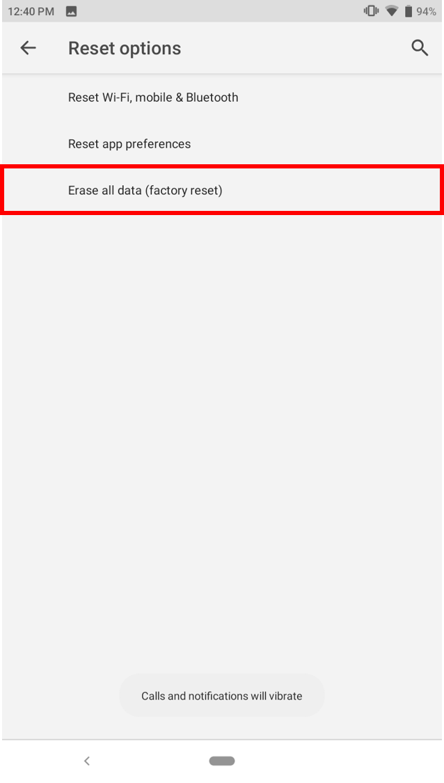 Razer Phone reset options screen