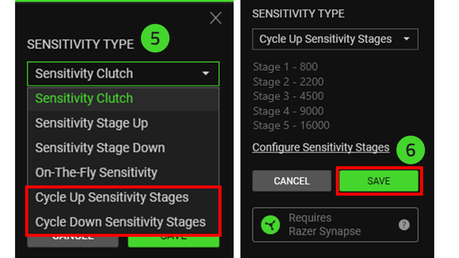 How to enable the Cycle Up or Down Sensitivity Stages feature on a