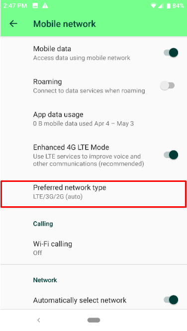 Shot of Preferred network type option under Mobile network on the Razer Phone 2