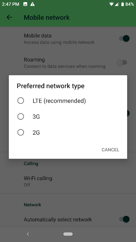 Shot of Preferred network options pop-up window on the Razer Phone 2