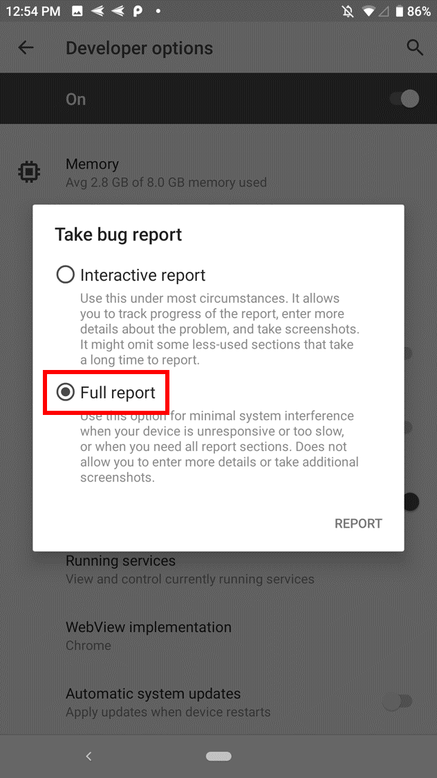 Full report option in thepop-up window on the Razer Phone