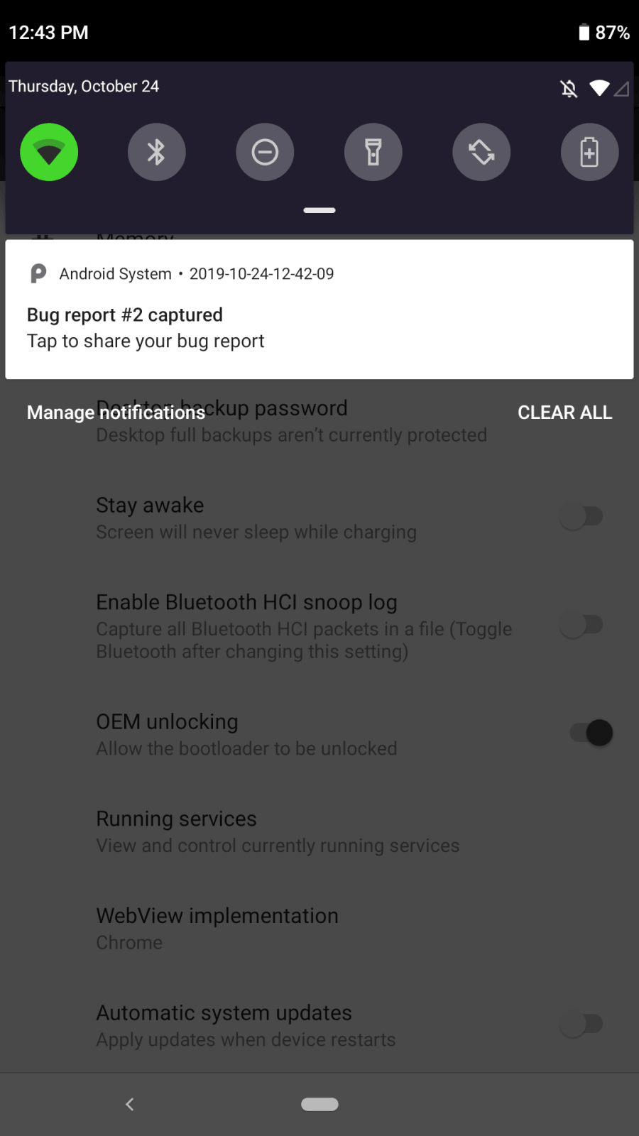 Bug report notification on the Razer Phone screen