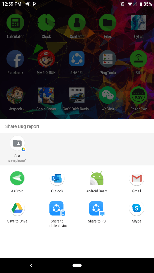 Bug report sharing options window on the Razer Phone screen