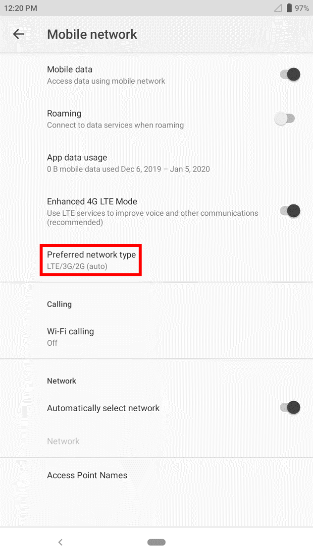 Mobile network settings showing Preferred network type option