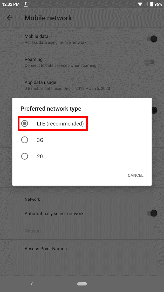 Preferred network type pop out menu in Razer Phone