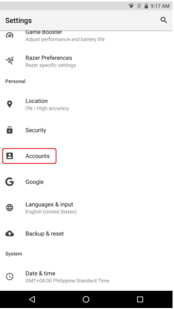 Shot of the Settings menu on the Razer Phone highlighting the Accounts option