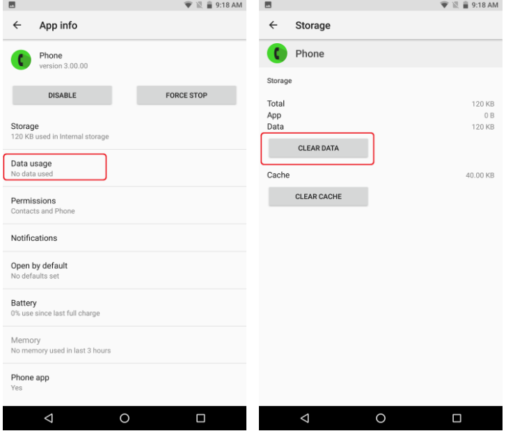 Shot of the App info page highlighting the clear data button