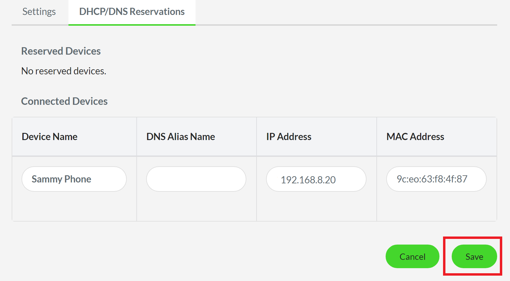 Save buton highlighted for DHCP/DNS Reservations in Razer Sila Web UI
