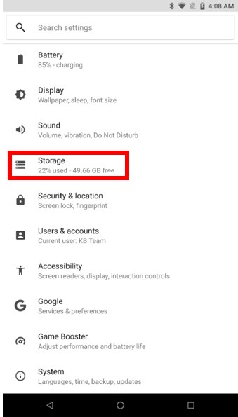 Storage settings highlighted in Android