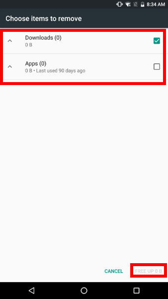 Highlighted items can be deleted via storage settings