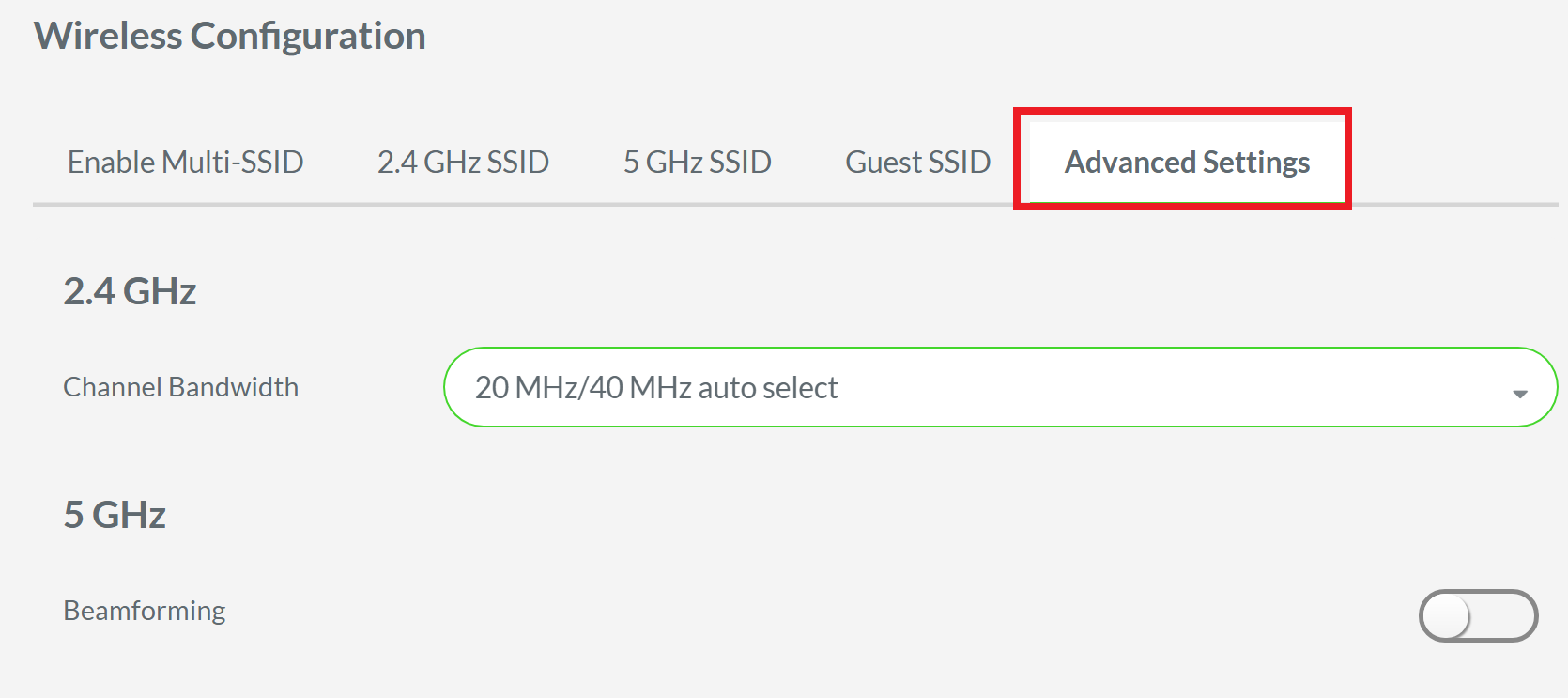 Shot of the Advance Settings tab under Wilreless Configuration of the Razer Sila